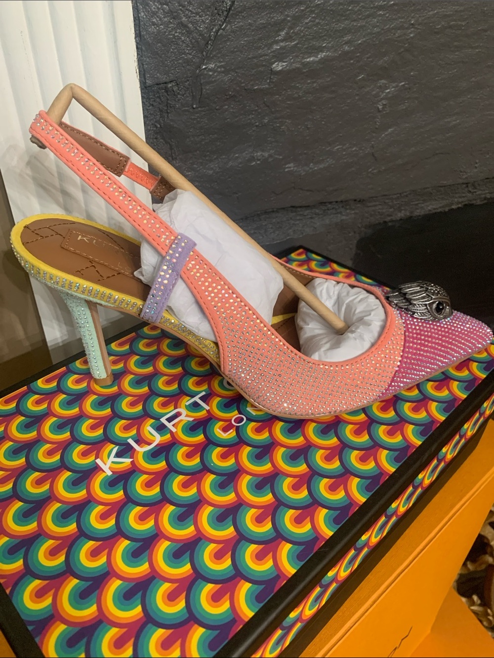 Kurt Geiger Pink Crystal Pointed Slingback Mule with Silver Medallion - Picture 3 of 8